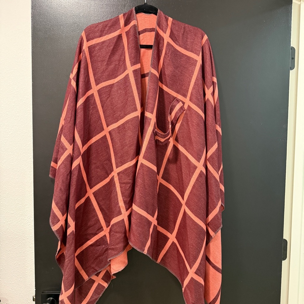 Elegant Plaid Open-Front Poncho - Burgundy and Coral